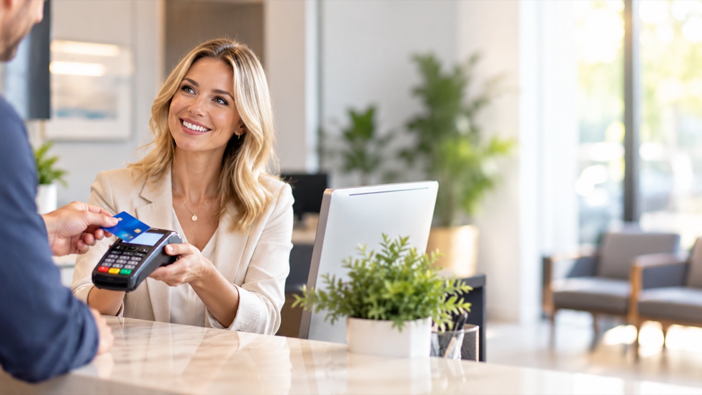 Smiling receptionist taking a card payment at a bright front desk